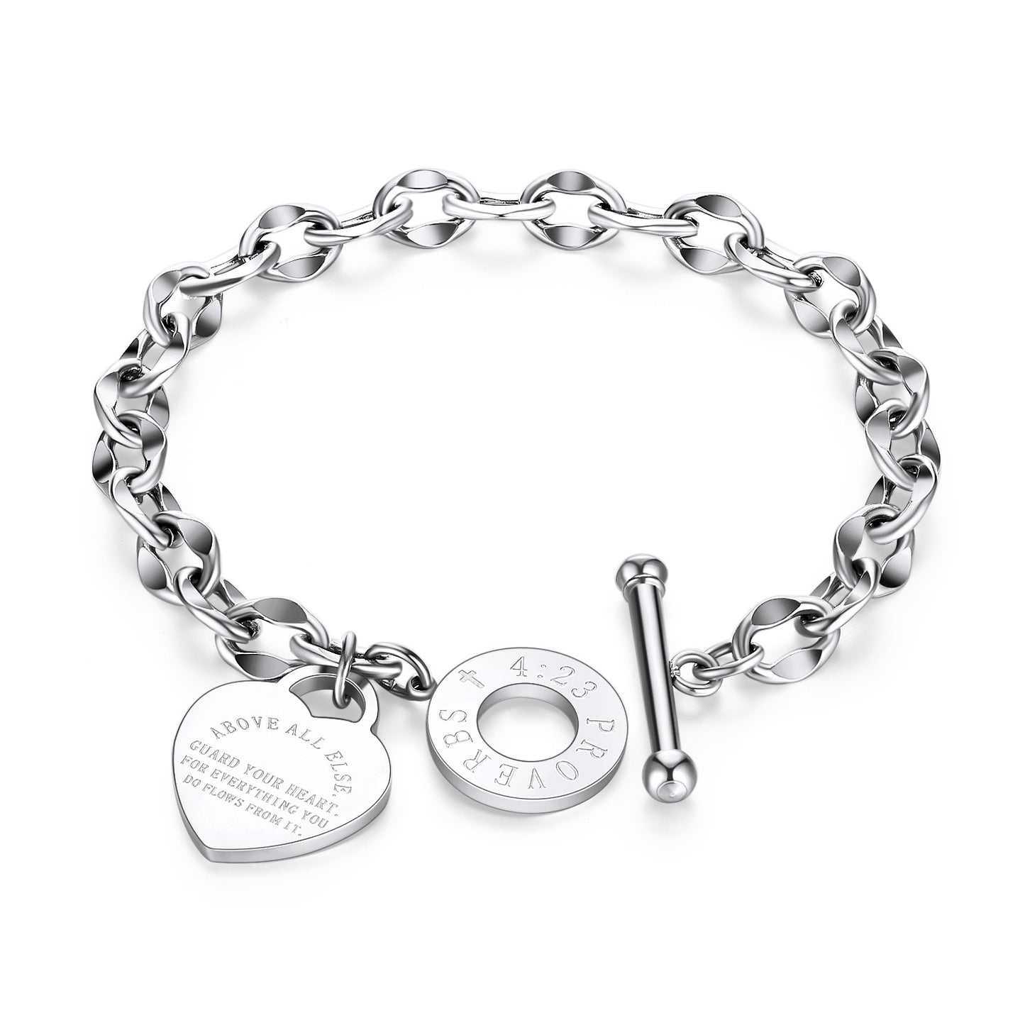 Stainless Steel Proverbs 4:23 Engraved Heart Charm Bracelet  for Women